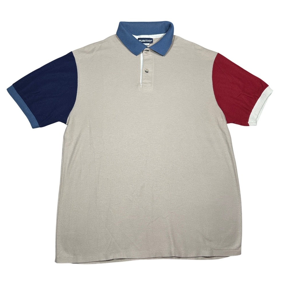 Vintage Puritan Mens Large Colorblock Polo Shirt Tan Navy Red USA Made Short Slv